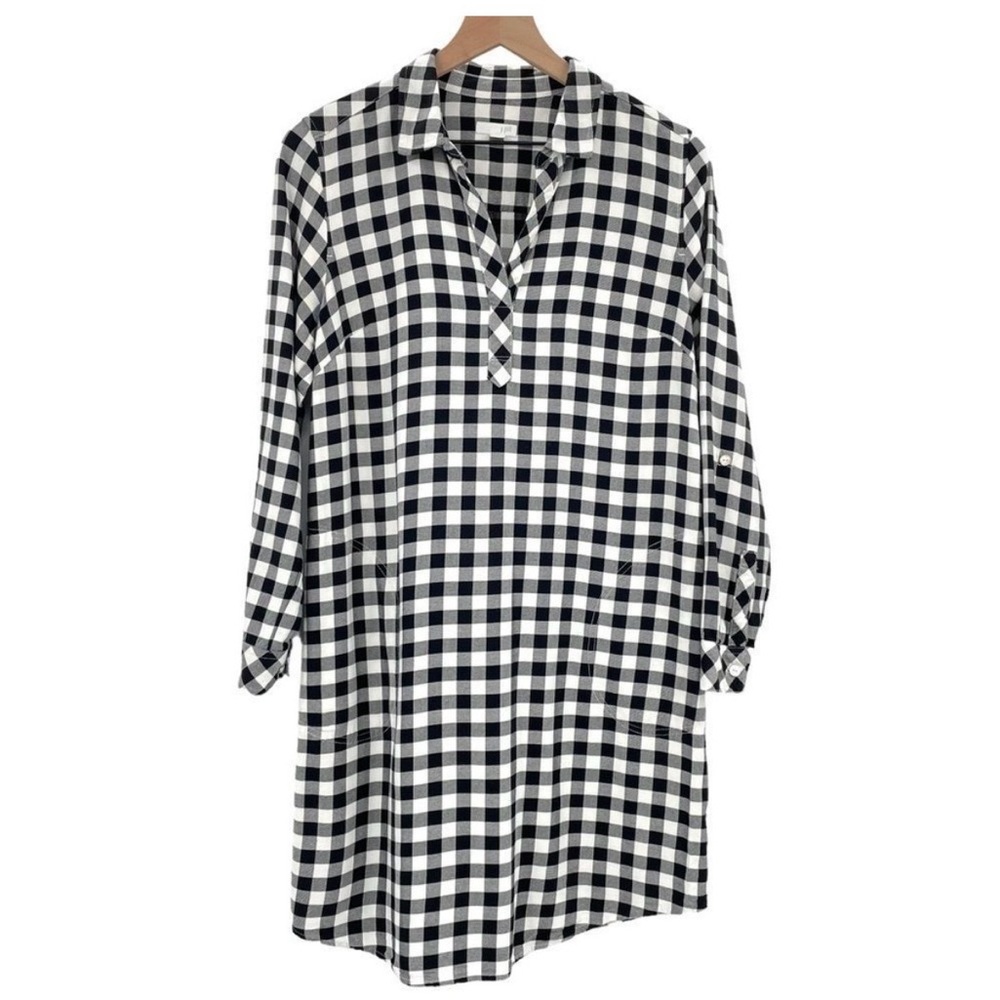 J. Jill Shirt Dress Tunic Long Sleeve Collared Black White Buffalo Check | Small
